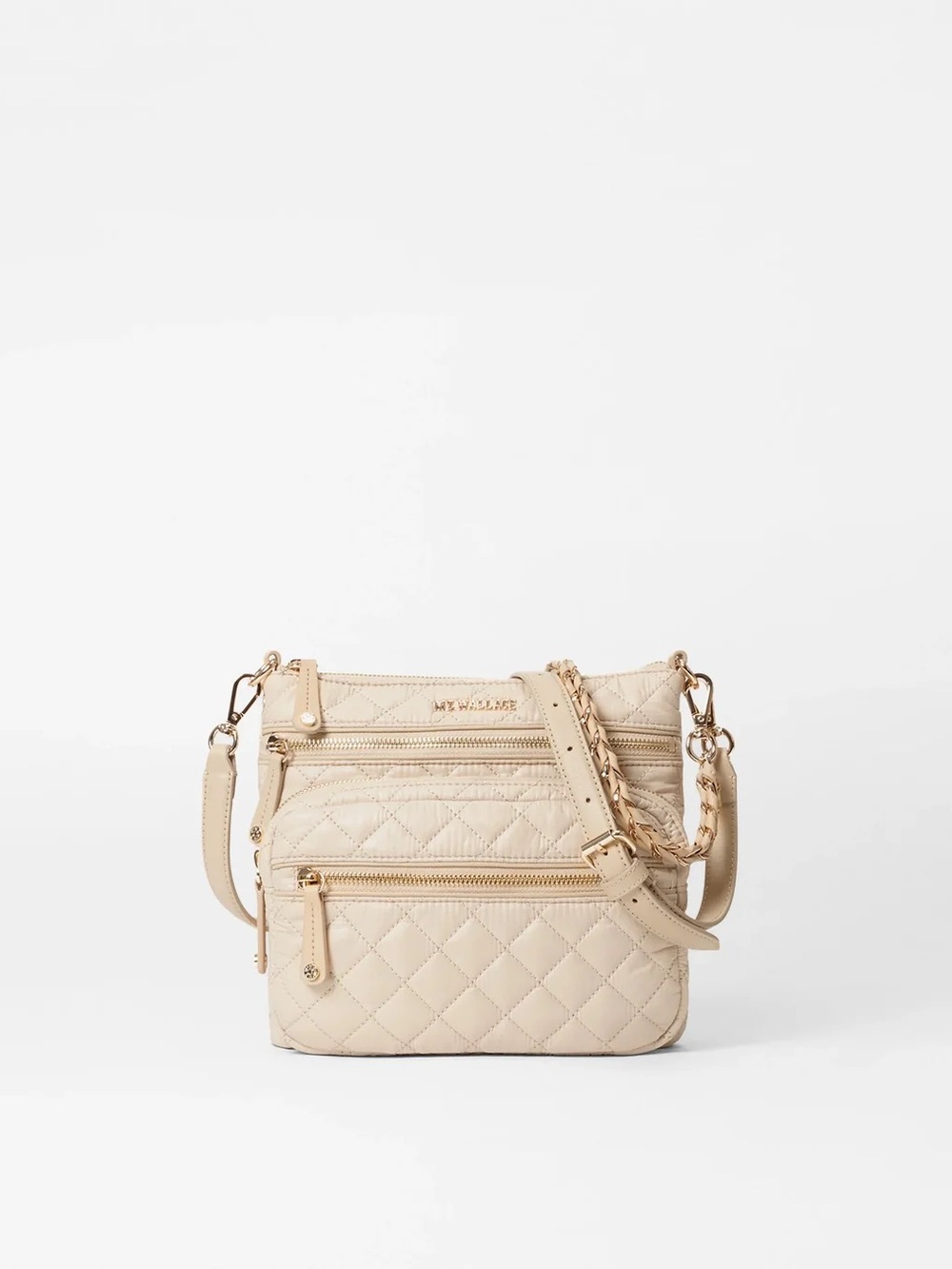 MZ Wallace Quilted Crossbody Bag in Light Beige with Gold Hardware